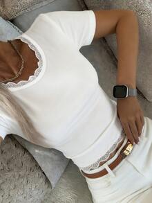 DAZY Women's Solid Color Contrast Lace Round Neck Short Sleeve Fitted T-Shirt Summer Y2K - White - View 2