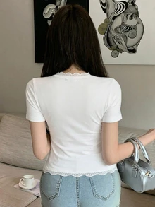 DAZY Women's Solid Color Contrast Lace Round Neck Short Sleeve Fitted T-Shirt Summer Y2K - White - View 4