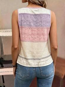 SHEIN LUNE 女款度假休閒拼色條紋對比印花T恤背心，適合派對、約會、婚禮季、通勤、商務優雅、聖誕節、畢業季、開學季、畢業典禮、教師節、情人節、感恩節，日常穿著，春夏穿著，條紋印花無袖背心 - 粉色 - 查看 2