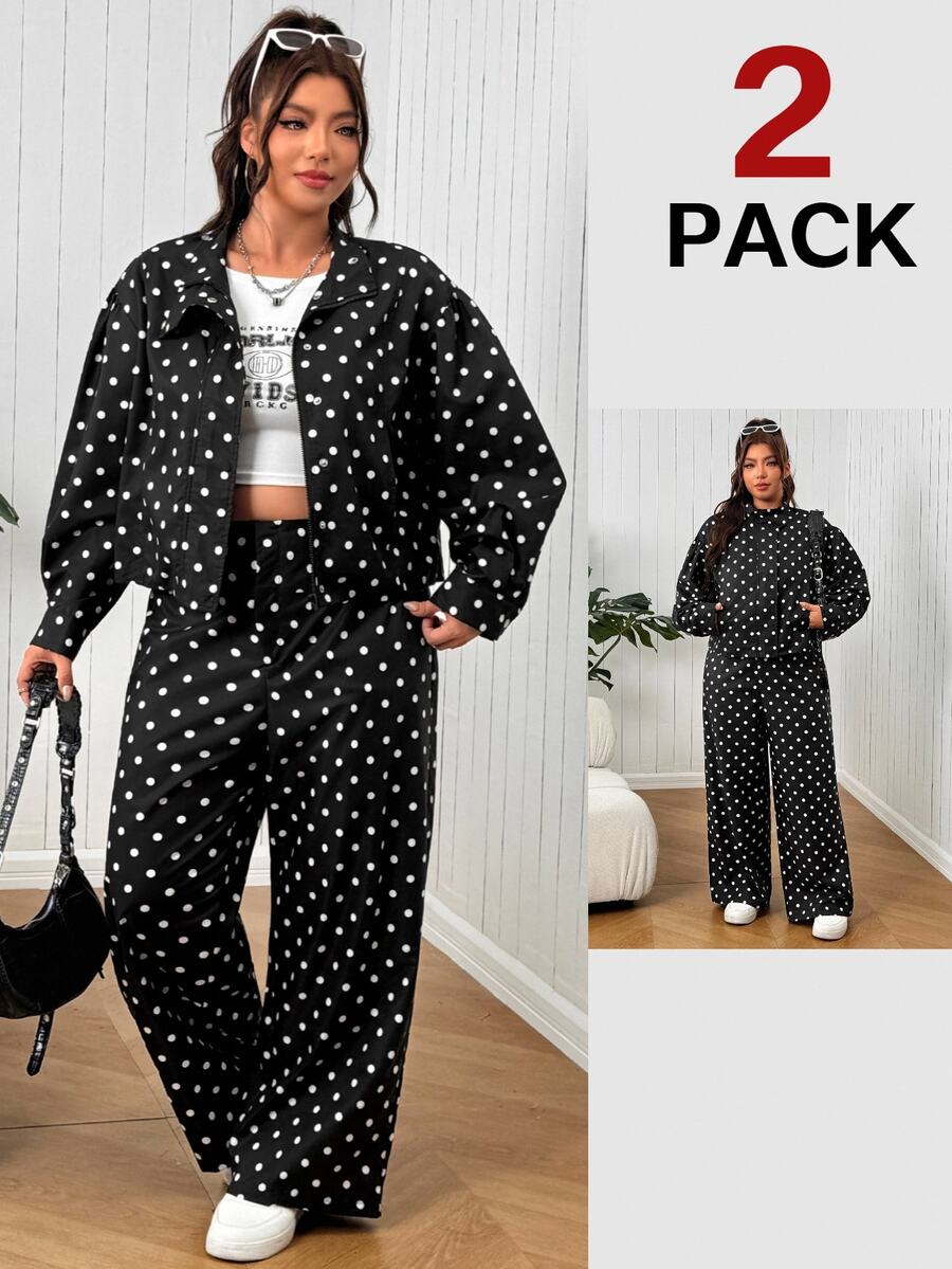 SHEIN EZwear Plus Size Autumn Casual Polka Dot Print Jacket & Pants 2 Pieces SetHalloween Costume Fall - Black - View 1