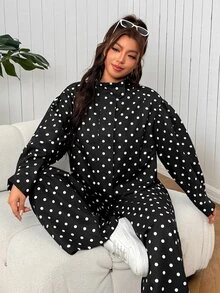 SHEIN EZwear Plus Size Autumn Casual Polka Dot Print Jacket & Pants 2 Pieces SetHalloween Costume Fall - Black - View 4