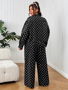 SHEIN EZwear Plus Size Autumn Casual Polka Dot Print Jacket & Pants 2 Pieces SetHalloween Costume Fall - Black - View 2