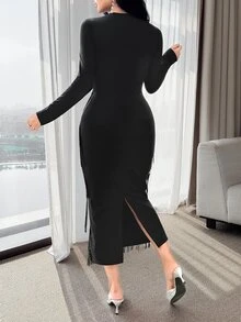 Feyla 优雅流苏装饰女式圆领长袖修身连衣裙 - 黑色 - 查看 7