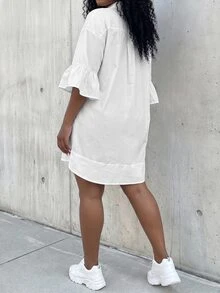 Veslaya Elegant Summer Shirt Dress For Women, All White V Neck Flare Sleeve Plus Size Button Down Mini Dress, Casual Daily Going Out Formal Party Vacation - White - View 5