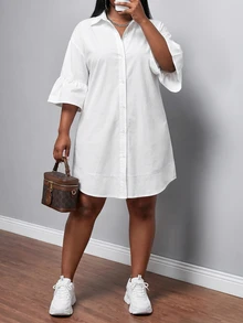 Veslaya Elegant Summer Shirt Dress For Women, All White V Neck Flare Sleeve Plus Size Button Down Mini Dress, Casual Daily Going Out Formal Party Vacation - White - View 9
