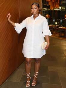 Veslaya Elegant Summer Shirt Dress For Women, All White V Neck Flare Sleeve Plus Size Button Down Mini Dress, Casual Daily Going Out Formal Party Vacation - White - View 2