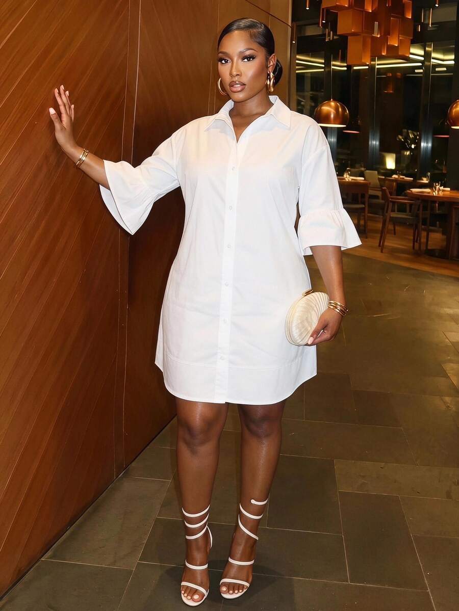 Veslaya Elegant Summer Shirt Dress For Women, All White V Neck Flare Sleeve Plus Size Button Down Mini Dress, Casual Daily Going Out Formal Party Vacation