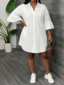 Veslaya Elegant Summer Shirt Dress For Women, All White V Neck Flare Sleeve Plus Size Button Down Mini Dress, Casual Daily Going Out Formal Party Vacation - White - View 4
