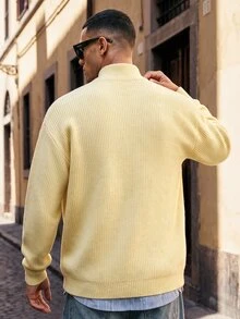HIMLAND Fashion Men's Solid Color Long Sleeve Half-Zip Sweater - Yellow - View 2