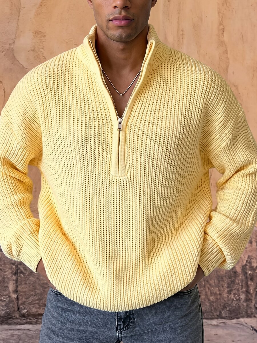 HIMLAND Fashion Men's Solid Color Long Sleeve Half-Zip Sweater - Yellow - View 1