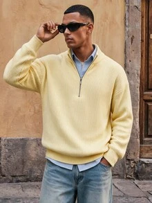 HIMLAND Fashion Men's Solid Color Long Sleeve Half-Zip Sweater - Yellow - View 1