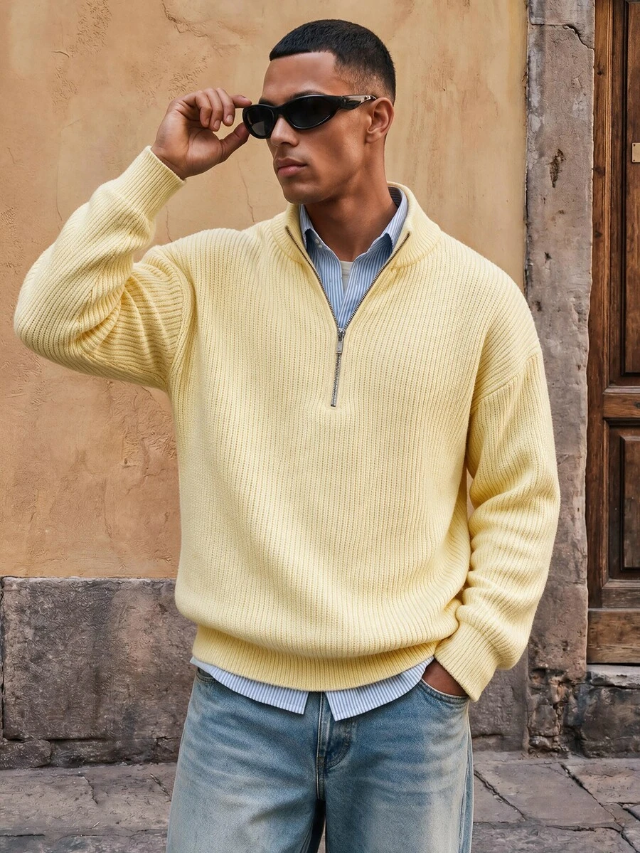 HIMLAND Fashion Men's Solid Color Long Sleeve Half-Zip Sweater - Yellow - View 1