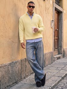 HIMLAND Fashion Men's Solid Color Long Sleeve Half-Zip Sweater - Yellow - View 3