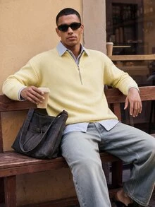 HIMLAND Fashion Men's Solid Color Long Sleeve Half-Zip Sweater - Yellow - View 4