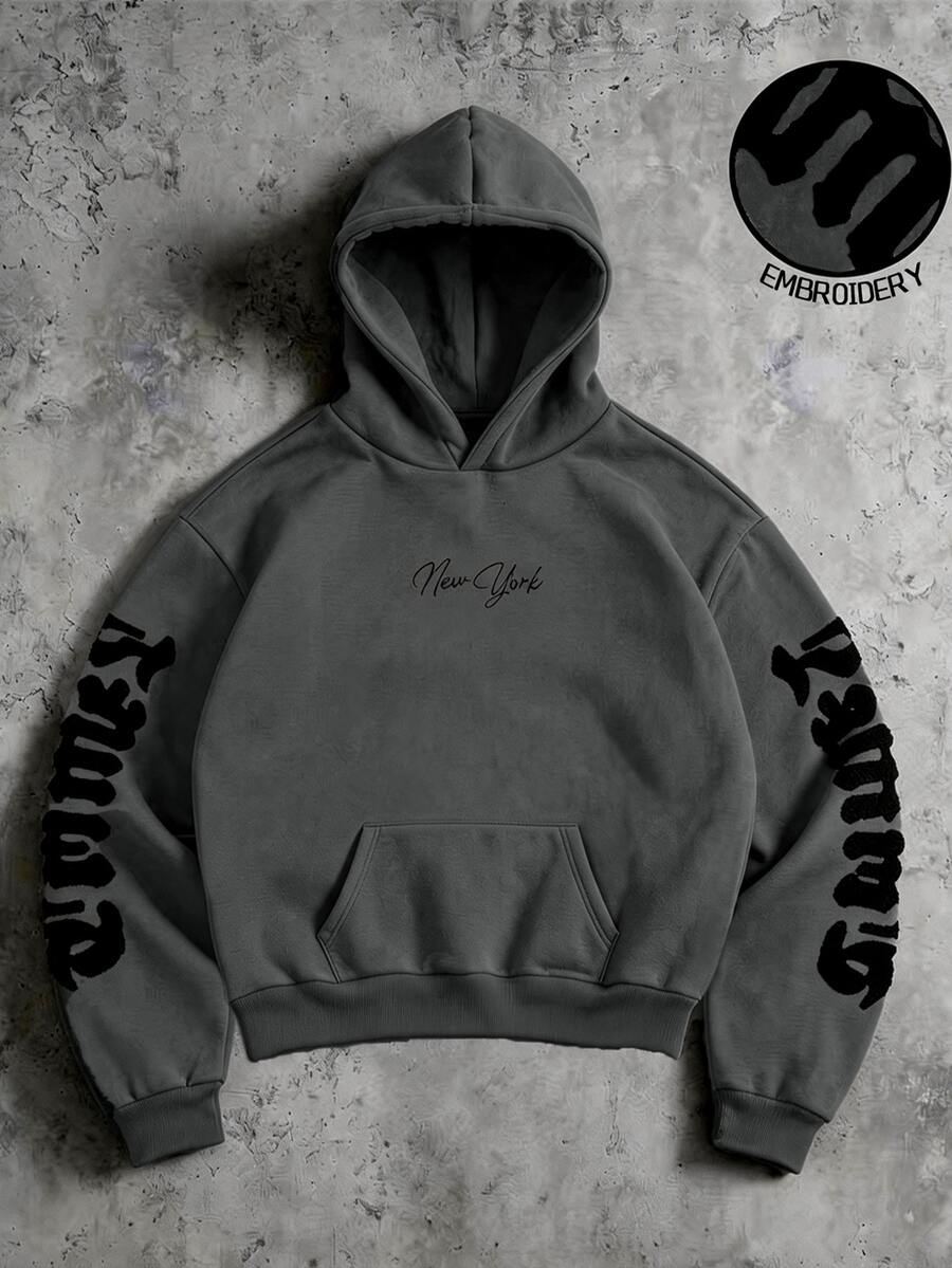 SHEIN Teen Boys Minimalist High Street Small Embroidered Pattern Pullover Sweatshirt, Comfortable Fabric, Unique Fit, New Autumn/Winter Style, Suitable For Multiple Occasions - Dark Grey - View 1
