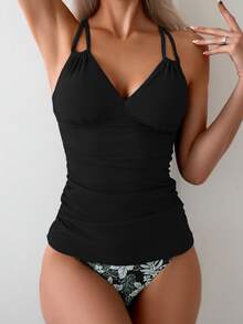 SHEIN Swim 隨機熱帶植物印花分體式比基尼泳衣套裝，適合夏季海灘度假 - 黑色 - 查看 4