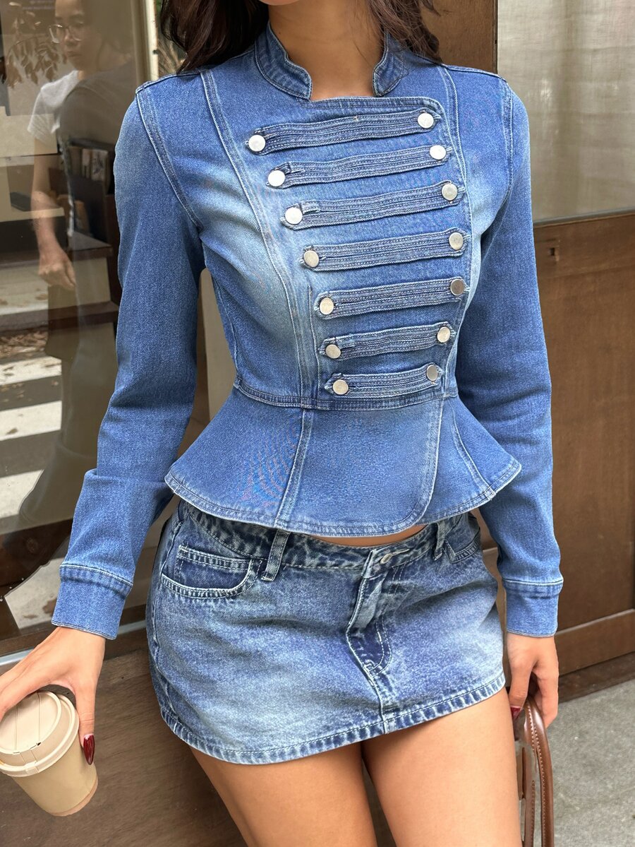 Rivivi Women's Long Sleeve Button Design Low Stretch Denim Napoleon Jacket - Blue - View 1