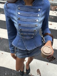Rivivi Women's Long Sleeve Button Design Low Stretch Denim Napoleon Jacket - Blue - View 3