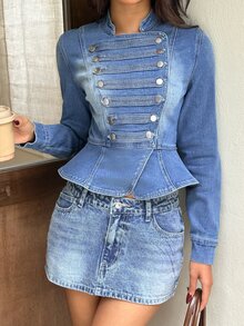 Rivivi Women's Long Sleeve Button Design Low Stretch Denim Napoleon Jacket - Blue - View 8