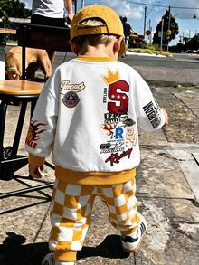 Infant Toddler Crew Neck Casual Comfortable Long Sleeve Sweatshirt & Pants Set, Thermal Lined Thick Classic Cool S Crown Graphic Print, Handsome Checkerboard Pattern Print, Suitable For Autumn/Winter, Back Graphic Print - Multicolor - View 1