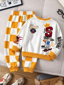 Infant Toddler Crew Neck Casual Comfortable Long Sleeve Sweatshirt & Pants Set, Thermal Lined Thick Classic Cool S Crown Graphic Print, Handsome Checkerboard Pattern Print, Suitable For Autumn/Winter, Back Graphic Print - Multicolor - View 4
