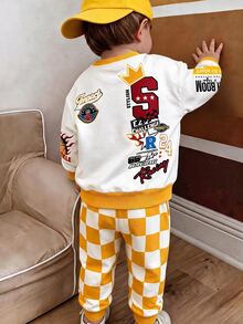 Infant Toddler Crew Neck Casual Comfortable Long Sleeve Sweatshirt & Pants Set, Thermal Lined Thick Classic Cool S Crown Graphic Print, Handsome Checkerboard Pattern Print, Suitable For Autumn/Winter, Back Graphic Print - Multicolor - View 2