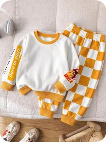 Infant Toddler Crew Neck Casual Comfortable Long Sleeve Sweatshirt & Pants Set, Thermal Lined Thick Classic Cool S Crown Graphic Print, Handsome Checkerboard Pattern Print, Suitable For Autumn/Winter, Back Graphic Print - Multicolor - View 5