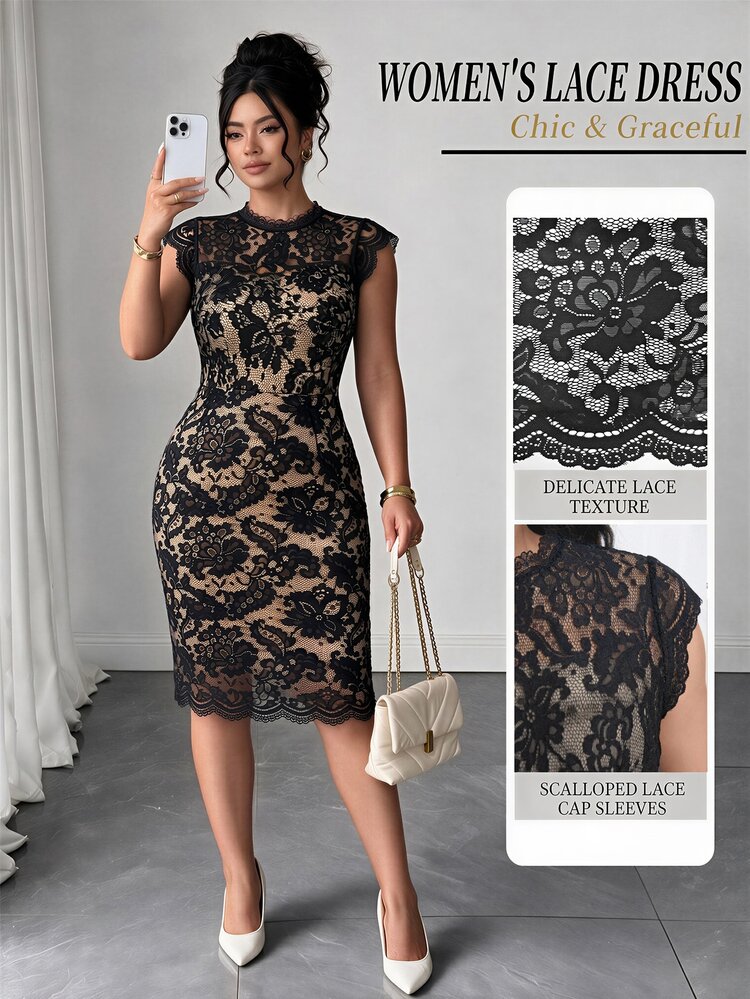 Elenzga Plus Size Women's Cap Sleeve Fitted Eyelash Lace Trim Elegant Dress - Black - View 1