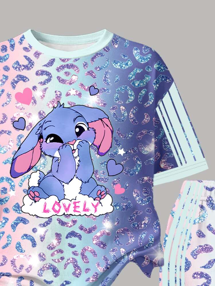 (1 Set) Summer/Autumn Girls Toddler Fresh Blue Rabbit Heart Stripe Three-Color Gradient Shiny Leopard Print Short T-Shirt And Flared Pants - Multicolor - View 6