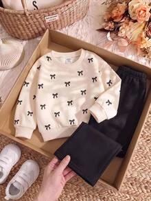 SHEIN Cute Knitted Bow Sweatshirt And Long Pants Set For Baby Girls - Khaki - View 2
