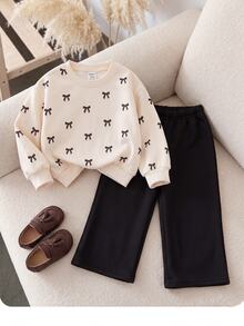SHEIN Cute Knitted Bow Sweatshirt And Long Pants Set For Baby Girls - Khaki - View 5