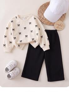 SHEIN Cute Knitted Bow Sweatshirt And Long Pants Set For Baby Girls - Khaki - View 8