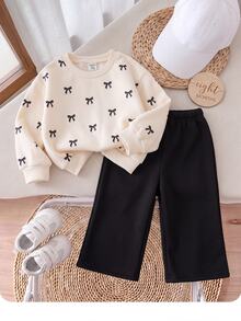 SHEIN Cute Knitted Bow Sweatshirt And Long Pants Set For Baby Girls - Khaki - View 3