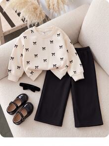 SHEIN Cute Knitted Bow Sweatshirt And Long Pants Set For Baby Girls - Khaki - View 9