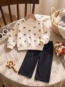 SHEIN Cute Knitted Bow Sweatshirt And Long Pants Set For Baby Girls - Khaki - View 4