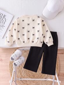 SHEIN Cute Knitted Bow Sweatshirt And Long Pants Set For Baby Girls - Khaki - View 7