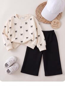 SHEIN Cute Knitted Bow Sweatshirt And Long Pants Set For Baby Girls - Khaki - View 6