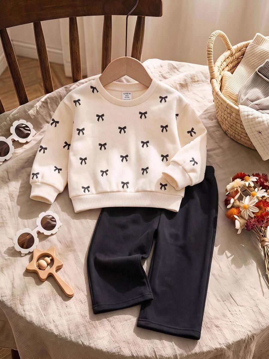 SHEIN Cute Knitted Bow Sweatshirt And Long Pants Set For Baby Girls - Khaki - View 1