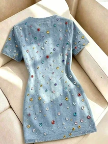 SHEIN LUNE CURVE [Printed Design] Regular Plus Size Women's Fitted Casual Light Blue Rhinestone Print Short Sleeve Dress Formal Brunch Summer Party Night Out - Multicolor - View 3