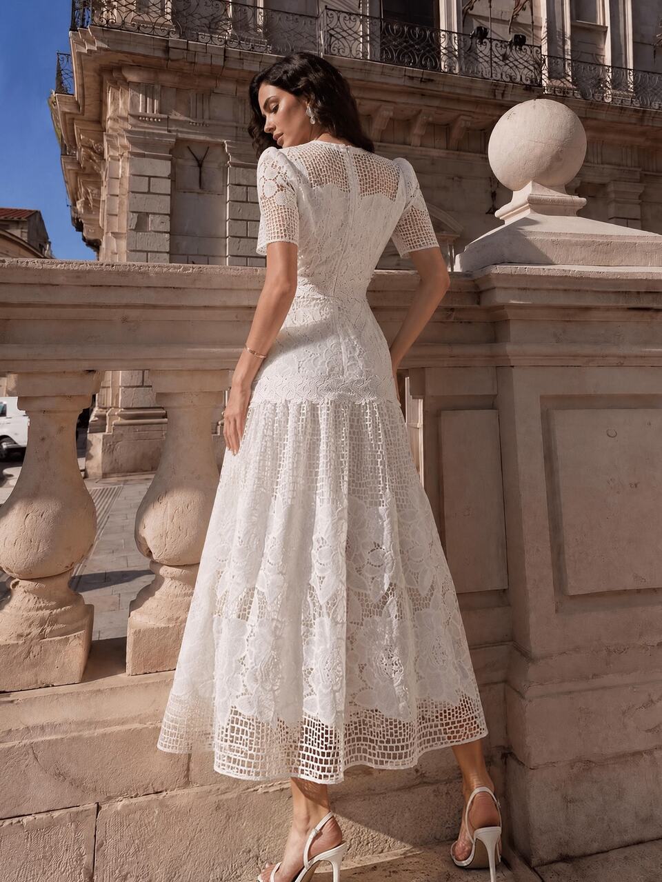 Anewsta Elegant White Lace Midi Dress For Women Round Neck Short Sleeve Party Gown