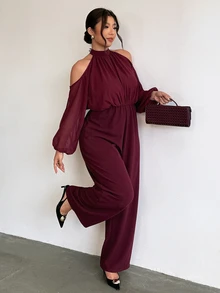 Firerie Plus Size Solid Color Cold Shoulder Long Sleeve Fashion Wide Leg Jumpsuit Cocktail Party Formal Burgundy Autumn Elegant Wedding Guest Party Dress - Red Violet - View 6