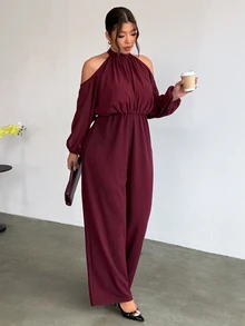 Firerie Plus Size Solid Color Cold Shoulder Long Sleeve Fashion Wide Leg Jumpsuit Cocktail Party Formal Burgundy Autumn Elegant Wedding Guest Party Dress - Red Violet - View 5