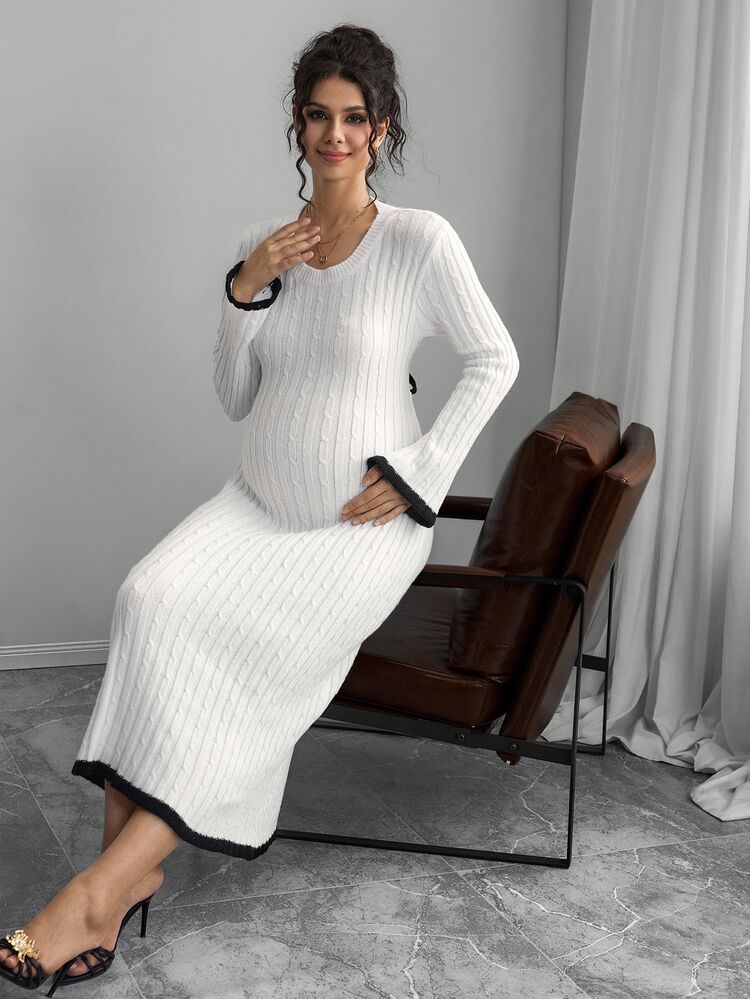 Momance Maternity Colorblock Bowknot Back Tie Round Neck Long Sleeve Sweater Dress - Black and White - View 3
