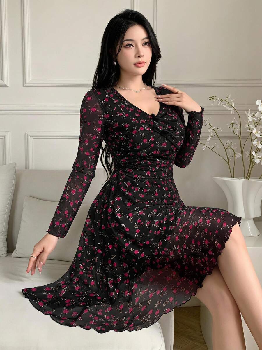 Feyla Women's Elegant Ditsy Floral V-Neck Bowknot Decor Waist Cinched Short Dress, Suitable For Spring/Autumn - Pink - View 1