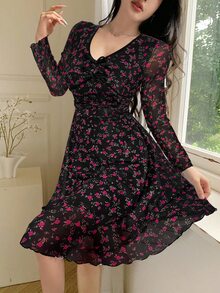 Feyla Women's Elegant Ditsy Floral V-Neck Bowknot Decor Waist Cinched Short Dress, Suitable For Spring/Autumn - Pink - View 7