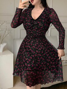 Feyla Women's Elegant Ditsy Floral V-Neck Bowknot Decor Waist Cinched Short Dress, Suitable For Spring/Autumn - Pink - View 3