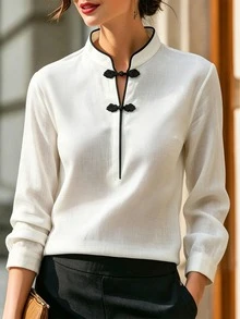 SHEIN White And Black Color Block Stand Collar V-Neck Shirt Frog Button Vacation Commuter Tea Party Office Work Date Casual Elegant Fall - White - View 4