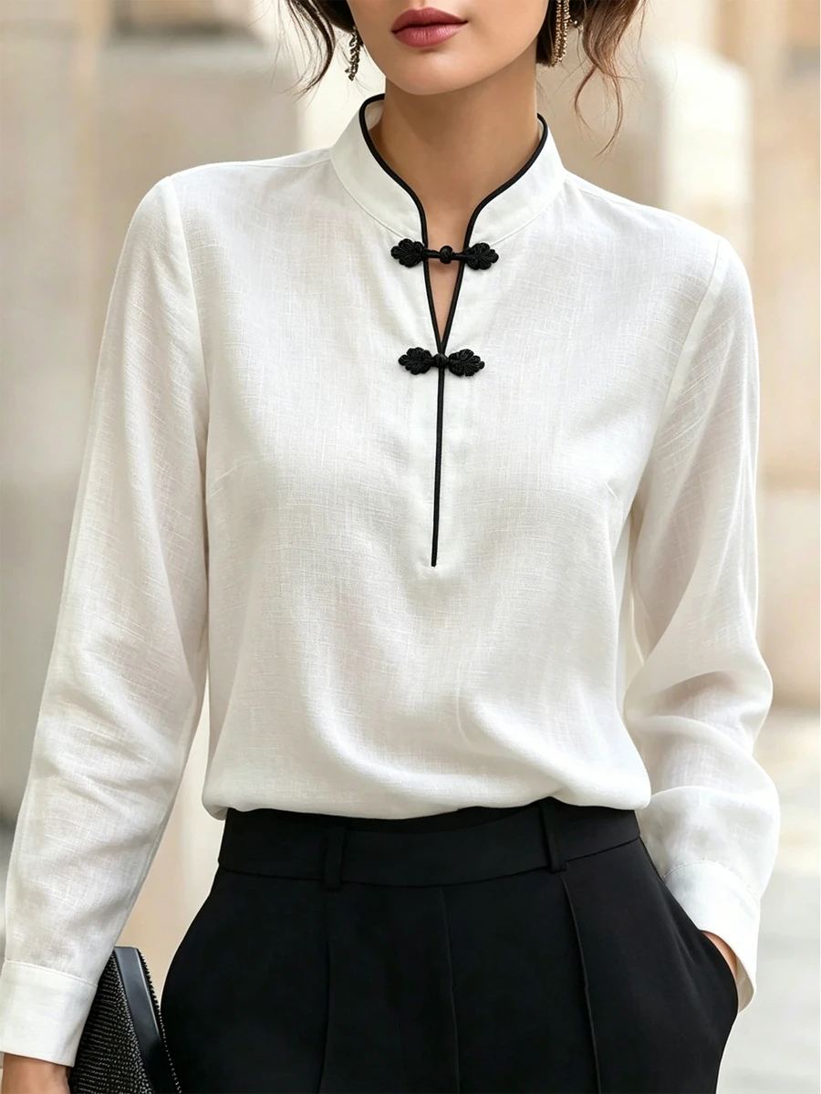 SHEIN White And Black Color Block Stand Collar V-Neck Shirt Frog Button Vacation Commuter Tea Party Office Work Date Casual Elegant Fall