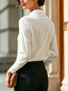 SHEIN White And Black Color Block Stand Collar V-Neck Shirt Frog Button Vacation Commuter Tea Party Office Work Date Casual Elegant Fall - White - View 3