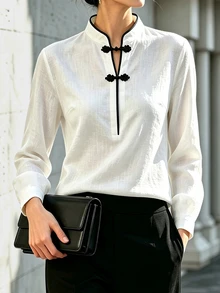 SHEIN White And Black Color Block Stand Collar V-Neck Shirt Frog Button Vacation Commuter Tea Party Office Work Date Casual Elegant Fall - White - View 5
